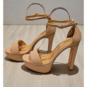 Nude Chunky Heel Platform Sandals With Ankle Strap  Womens Nubuck Material